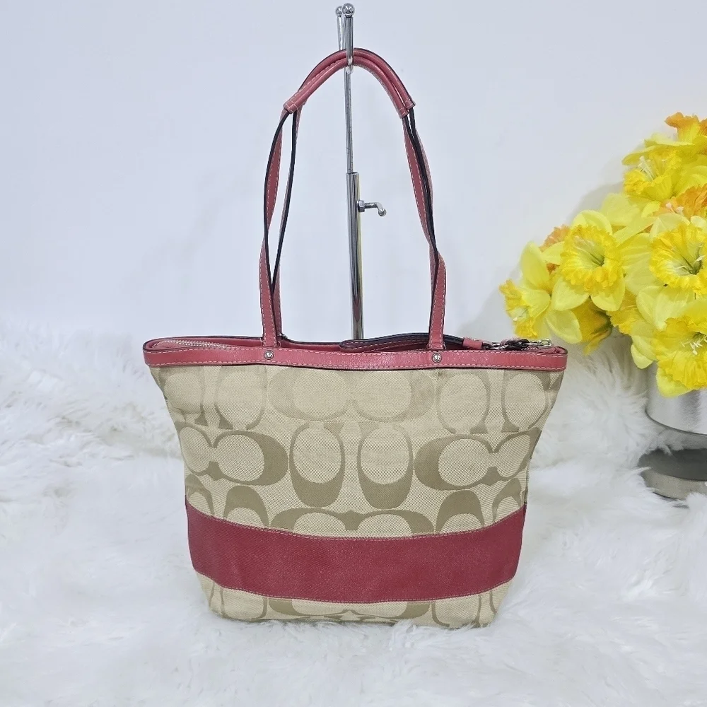 Coach Signature stripe totebag tan and pink
